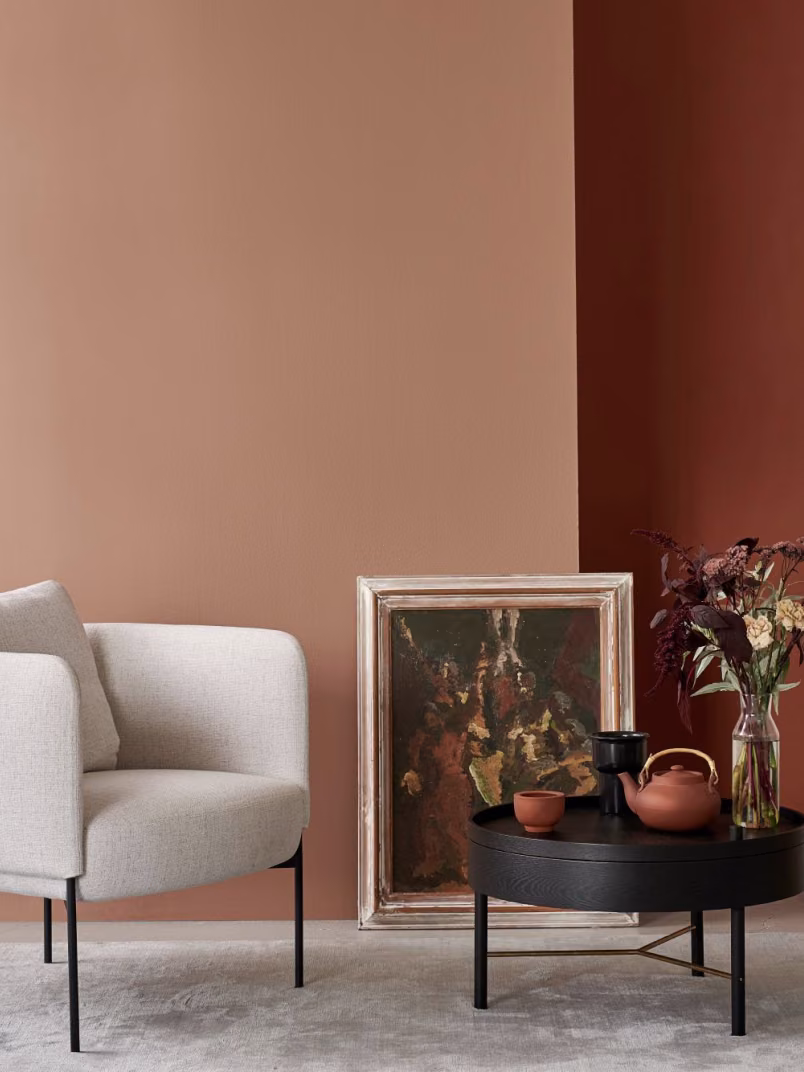 stylish living room with light brown and dark terracotta colour section